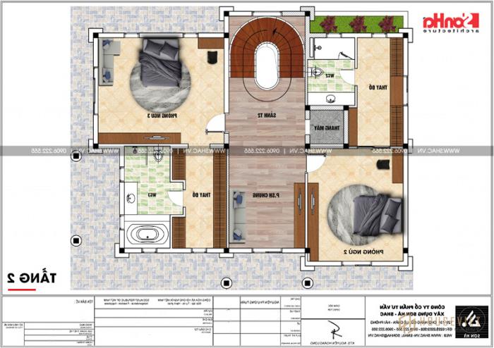 Mặt bằng công năng tầng 2 mẫu biệt thự lâu đài 4 tầng Châu Âu tại Đà Nẵng 