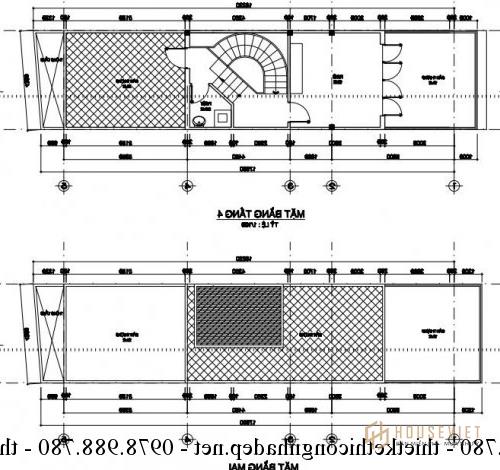 Mặt bằng tầng 4 và tầng áp mái của nhà phố 4x18m