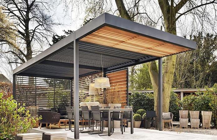 Ảnh 2: Một nơi ăn uống tối giản, cứng cáp làm tỏ rõ sự tối giản trong thiết kế pergola là gì