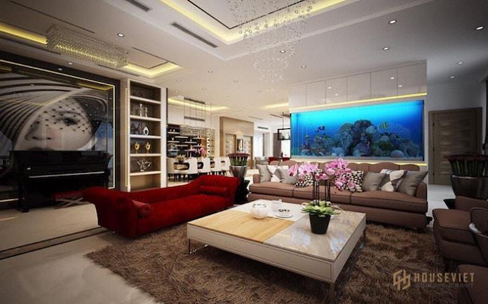 Ảnh 3: Vẻ đẹp xa hoa của phòng khách với điểm nhấn là chiếc bể cá xanh mát