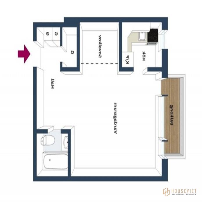 Ảnh 2: Bản vẽ thiết kế căn hộ 1 phòng ngủ 30m2