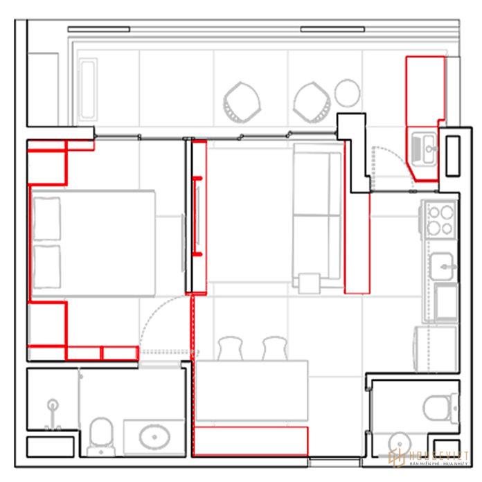 Ảnh 6: Bản vẽ thiết kế căn hộ 40m2 1 phòng ngủ dành cho 3 người ở