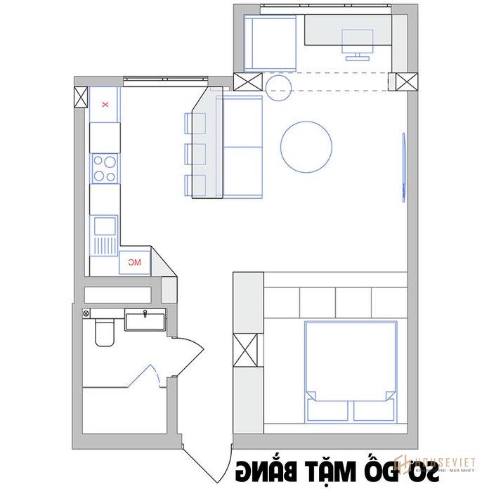 Ảnh 10: Mặt bằng bố trí nội thất căn hộ 45m2 1 phòng ngủ