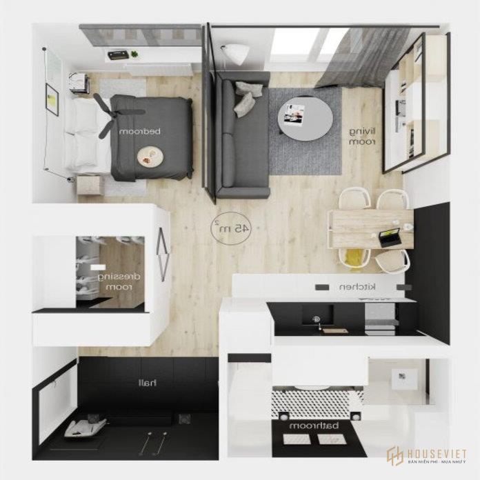 Ảnh 11: Thiết kế nội thất căn hộ 45m2 1 phòng ngủ
