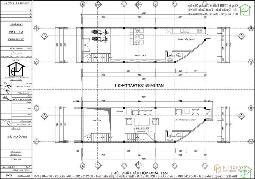 Mặt bằng tầng 1 và tầng lửng của mẫu nhà ống 3 tầng có gác lửng NDNP3T59