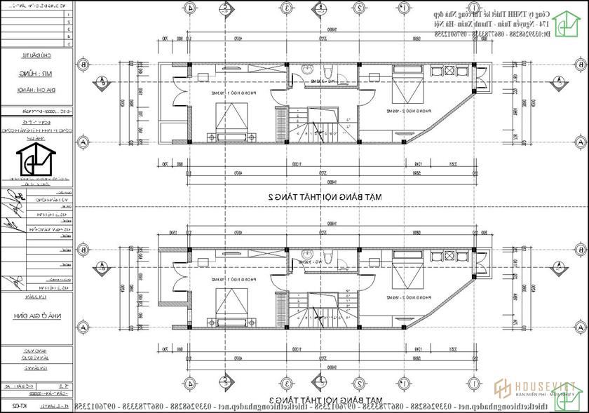 Mặt bằng tầng 3 và tầng 4 nhà ống 3 tầng có gác lửng NDNP3T59