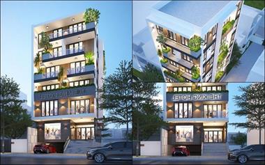 Mặt tiền mẫu thiết kế khách sạn mini 7 tầng hiện đại 200m2 Mr