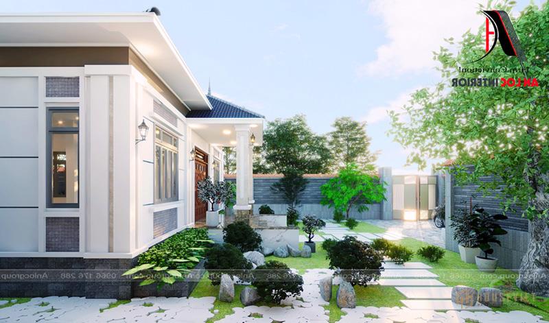 Tiểu cảnh trang trí kết hợp với đá phong thủy mang đến không gian hài hòa, cuốn hút