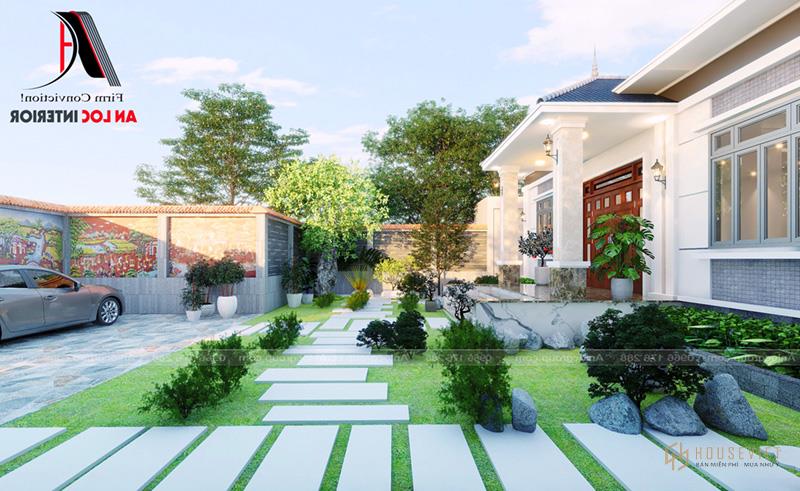 Khoảng hiên rộng rãi tạo nên một thiết kế sân vườn phía trước hấp dẫn