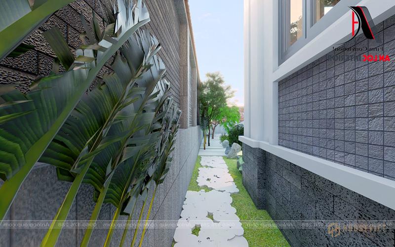 Gạch ốp tường tông màu xám - trắng khiến ngôi nhà như một tòa lâu đài cổ kính