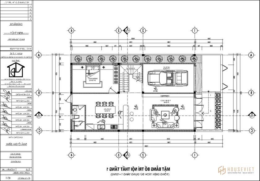 Mặt bằng tầng 1 nhà phố 3 tầng hiện đại 8x14m NDNP3T72