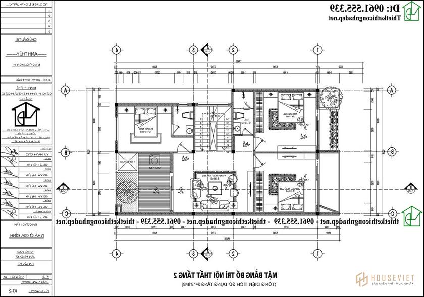     Mặt bằng tầng 2 nhà phố 3 tầng hiện đại 8x14m NDNP3T72