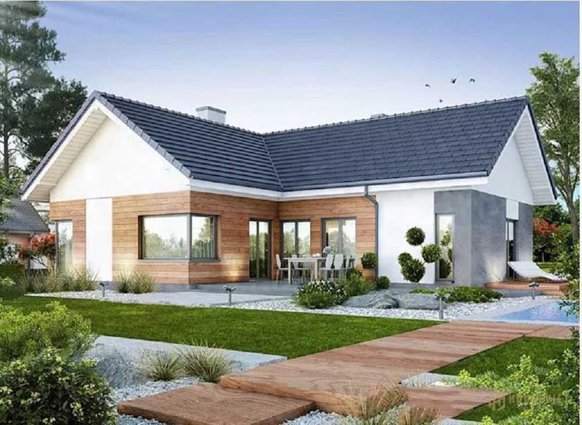 Mẫu nhà cấp 4 hình chữ L 4 phòng ngủ mái thái hiện đại