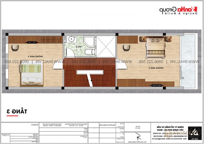 Chi tiết công năng tầng 3 mẫu nhà ống hiện đại mặt tiền 4,4m dài 15m tại Quảng Ninh 