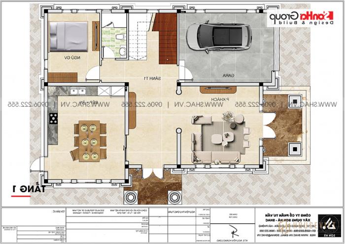 Mặt bằng công năng tầng 1 biệt thự tân cổ điển 2 mặt tiền tại Hải Phòng 