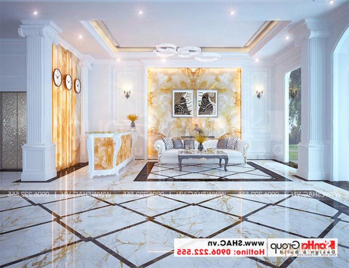 Thiết kế nội thất sảnh lễ tân khách sạn mini 2 tầng phong cách tân cổ điển 