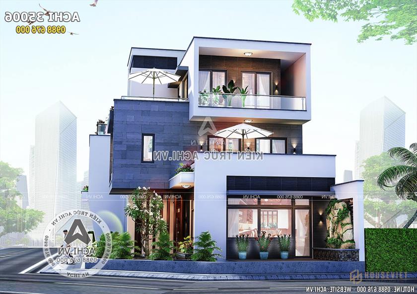 Một góc nhìn không gian mặt tiền của mẫu biệt thự 3 tầng đẹp hiện đại