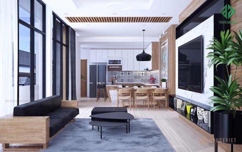 Nội thất phòng khách thời thượng của nhà phố 2 mặt tiền