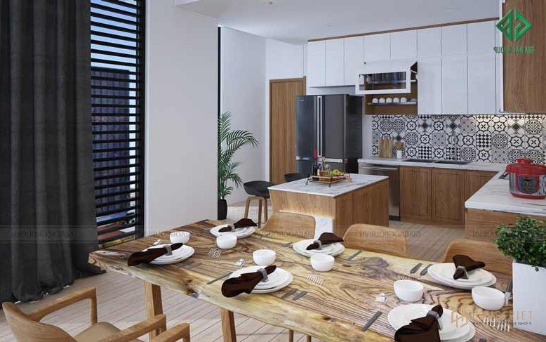 Phòng ăn bằng gỗ nguyên khối trong mẫu thiết kế nhà phố 2 mặt tiền