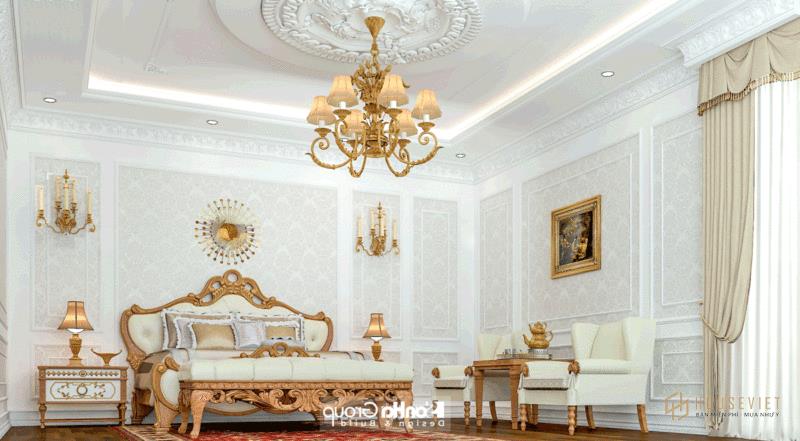 Phòng ngủ tân cổ điển gam màu trắng cùng các chi tiết vàng kim