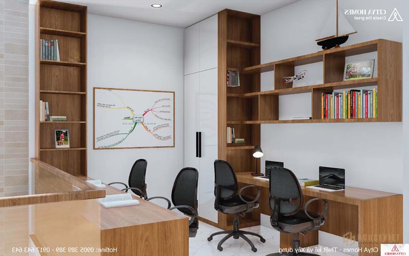 Phòng làm việc sáng tạo, đầy cảm hứng với tủ sách có bàn kết nối