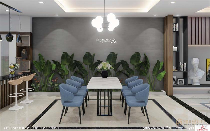 Bộ bàn ăn được đặt trong không gian rộng và thoáng.