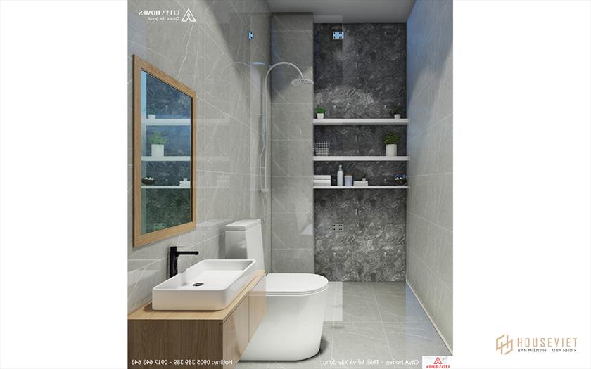 Phòng tắm rộng 3,5m2 được thiết kế tối giản, tiết kiệm diện tích. 