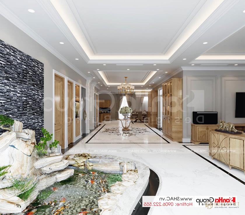 Hồ cá koi trong không gian biệt thự tân cổ điển đẹp tại Sài Gòn 