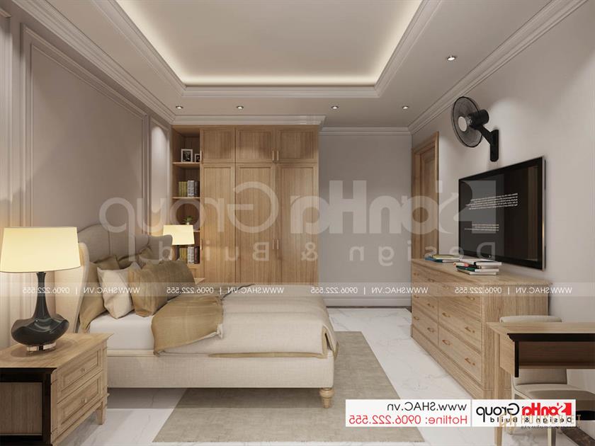 Phòng ngủ tầng trệt gọn gàng và hiện đại của thiết kế biệt thự tân cổ điển 