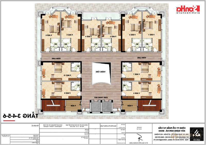 Mặt bằng công năng từ tầng 3 đến tầng 6 khách sạn tân cổ điển 4 sao tại An Giang 