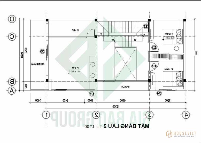 Bản vẽ mặt bằng tầng 2 của mẫu nhà phố 3 tầng