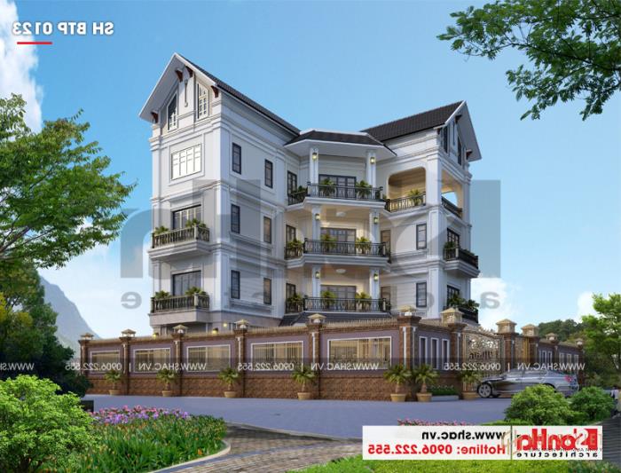 Biệt thự 4 tầng tân cổ điển hình chữ L diện tích 240m2 tại Hải Phòng - SH BTP 0123 19 Mẫu thiết kế biệt thự chữ L 4 tầng kiến trúc tân cổ điển sang trọng tại Hải Phòng
