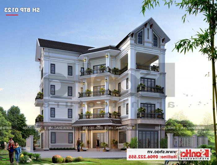 Biệt thự 4 tầng tân cổ điển hình chữ L diện tích 240m2 tại Hải Phòng - SH BTP 0123 20 Mẫu thiết kế biệt thự 4 tầng đẹp kiến trúc tân cổ điển tại Hải Phòng