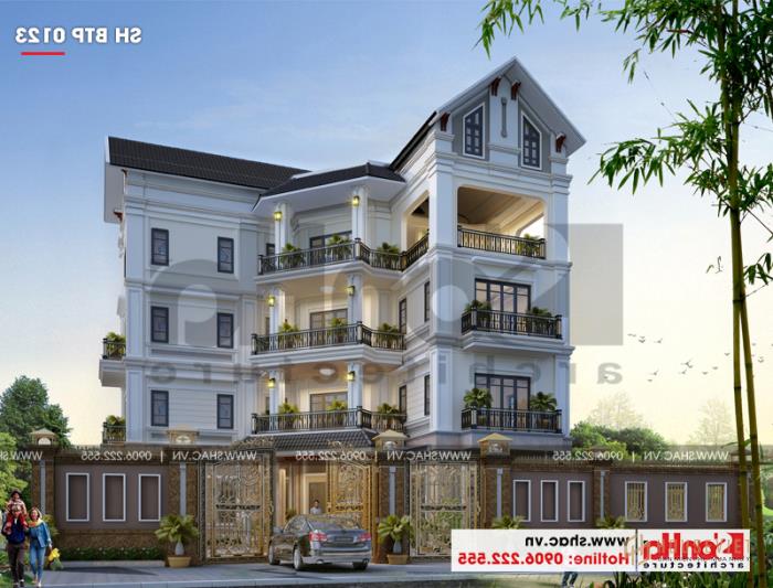 Biệt thự 4 tầng tân cổ điển hình chữ L diện tích 240m2 tại Hải Phòng - SH BTP 0123 21 Toàn cảnh mẫu thiết kế biệt thự tân cổ điển 4 tầng có sân vườn đẹp như mơ