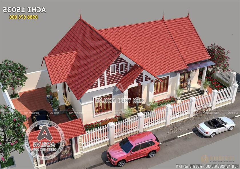 Toàn cảnh mẫu biệt thự 1 tầng mái thái đẹp diện tích 120m2 khi nhìn từ trên cao