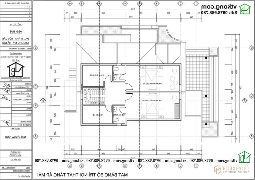 Bản vẽ mặt bằng bố trí nội thất nhà cấp 4 có tầng áp mái