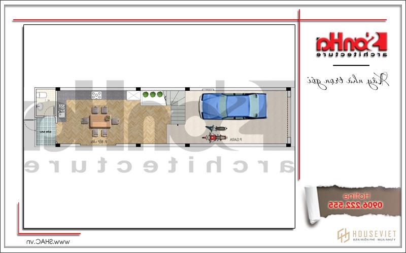 Mặt bằng công năng tầng 1 Nhà ống kiến ​​trúc Pháp 4 tầng mặt tiền hẹp tại Hải Phòng sh nop 0145