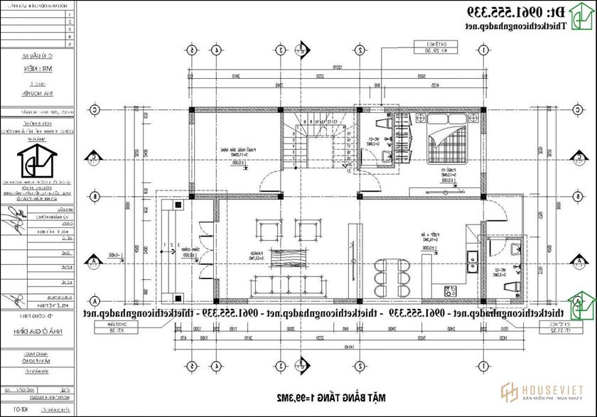 Mặt bằng tầng 1 biệt thự 2 tầng 4 phòng ngủ 8x14m NDBT2T136