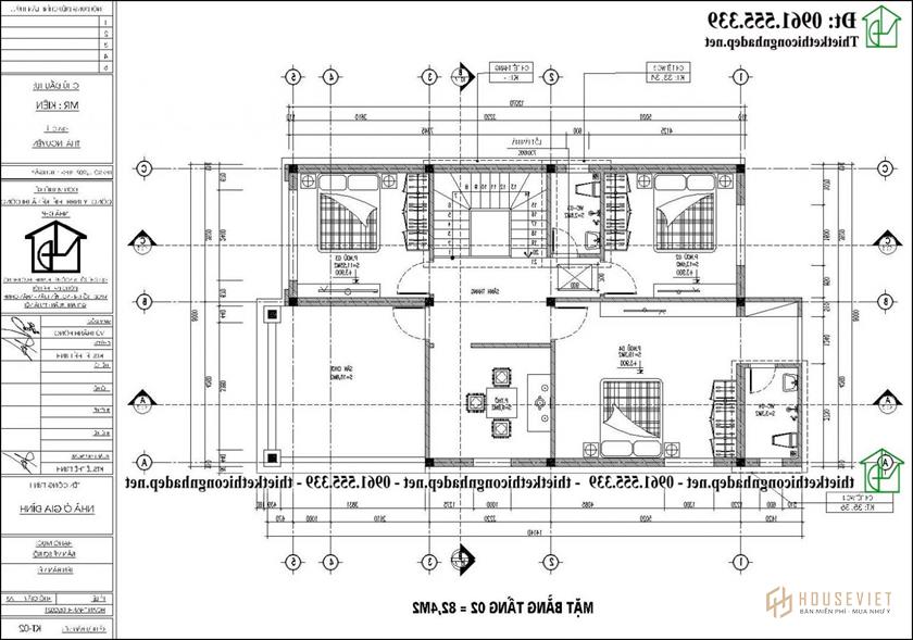 Mặt bằng tầng 2 biệt thự 2 tầng 4 phòng ngủ 8x14m NDBT2T136