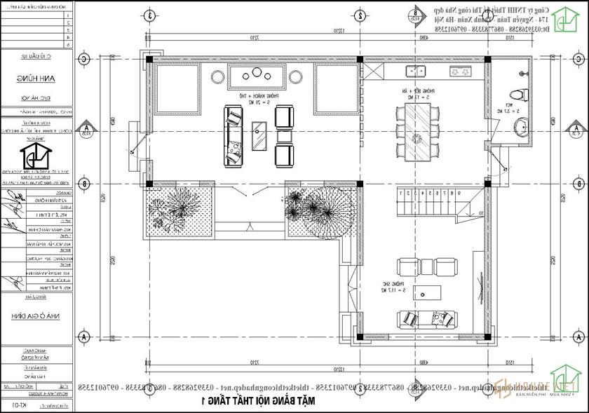 Mặt bằng nội thất tầng 1 mẫu nhà 2 tầng hình chữ L 80m2 NDBT2T102