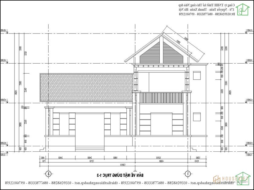 Bản vẽ mặt đứng 1-3 mẫu nhà 2 tầng 80m2 hình chữ L 600 triệu NDBT2T102