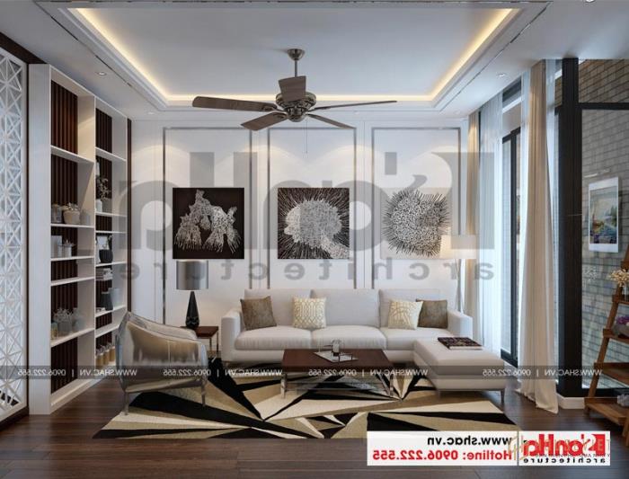 Mẫu nhà ống hiện đại 4 tầng 4,9x14,7m tại Hải Phòng có gara ô tô trong nhà– SH NOD 0187 50 Trang trí nội thất phòng khách nhà ống hiện đại với gam màu độc đáo theo sở thích của gia chủ