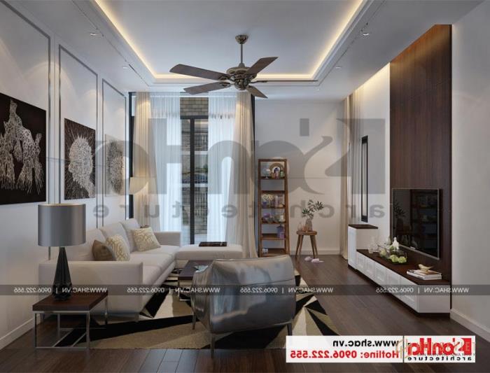 Mẫu nhà ống hiện đại 4 tầng 4,9x14,7m tại Hải Phòng có gara ô tô trong nhà– SH NOD 0187 51 Độc đáo, ấn tượng là những gì KTS Sơn Hà gửi gắm trong ý tưởng thiết kế phòng khách nhà ống hiện đại này