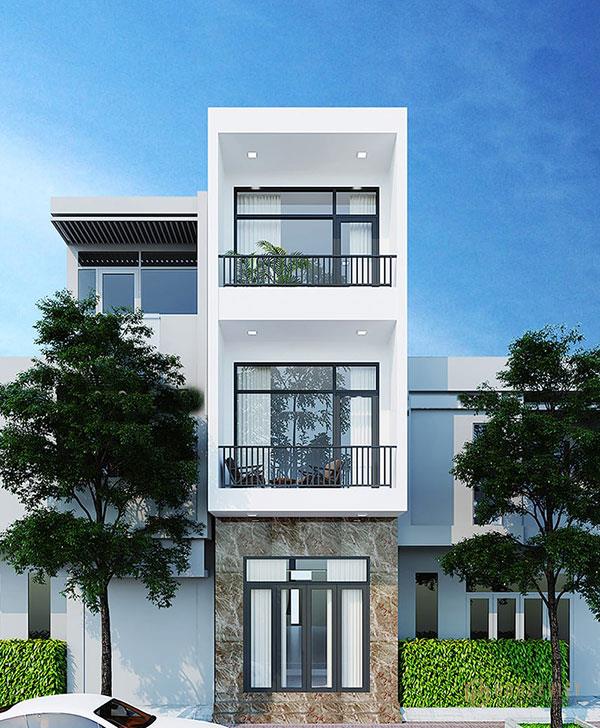 Màu sơn trắng bên ngoài kết hợp với cửa màu đen mang đến sự tương phản màu sắc ấn tượng