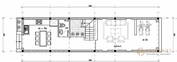 Tầng 1 mẫu thiết kế nhà ống 60m2 được bố trí gồm khu để xe, phòng ăn, phòng khách
