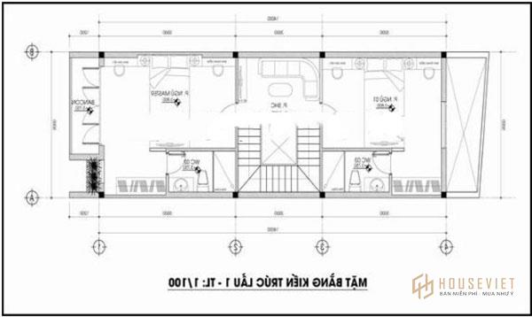 Mẫu nhà 3 tầng được chia thành 2 phòng ngủ và một phòng vệ sinh chung.