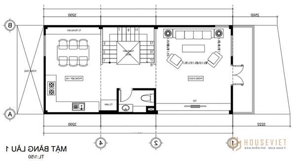 Bản vẽ nhà 3 tầng được bố trí công năng tầng 1 đơn giản đáp ứng nhu cầu sử dụng.