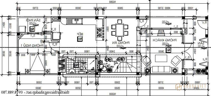 Bản vẽ mặt bằng tầng 1 nhà phố 2 tầng 5x16m 80m2