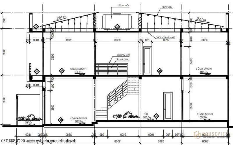 Mặt cắt nhà phố 2 tầng 5x16m diện tích 80m2