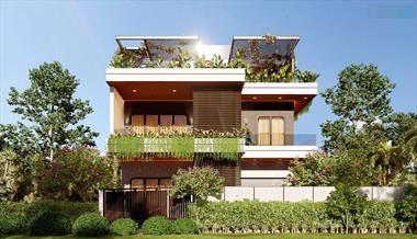 Biệt thự xanh mát với thảm thực vật bao quanh mang đến không khí trong lành cho không gian sống